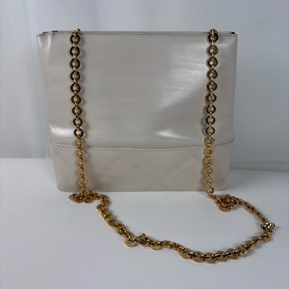 Authentic Salvatore Ferragamo Vintage Cream Leather Tote Bag Gold Chain Strap